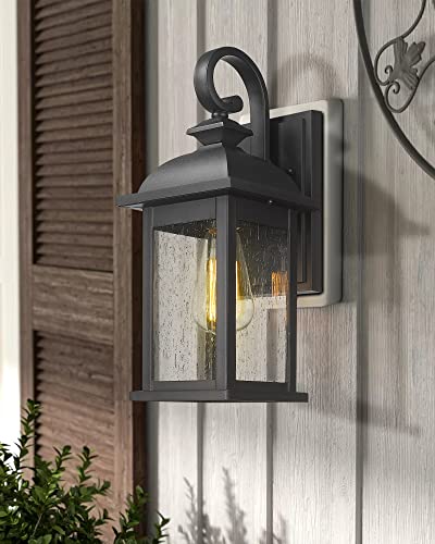 FEMILA Exterior Wall Sconce,2 Packs Outdoor Waterproof Wall Lights Fixture,E26 Socket Wall Lantern for Porch,Anti-Rust Matte Black Finish with Seeded Glass Lampshade,4FD54B-2PK BK