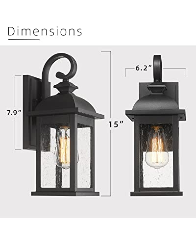 FEMILA Exterior Wall Sconce,2 Packs Outdoor Waterproof Wall Lights Fixture,E26 Socket Wall Lantern for Porch,Anti-Rust Matte Black Finish with Seeded Glass Lampshade,4FD54B-2PK BK