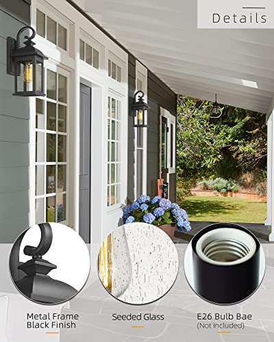 FEMILA Exterior Wall Sconce,2 Packs Outdoor Waterproof Wall Lights Fixture,E26 Socket Wall Lantern for Porch,Anti-Rust Matte Black Finish with Seeded Glass Lampshade,4FD54B-2PK BK