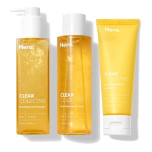 clear collective trio bundle from hero cosmetics – exfoliating jelly cleanser, clarifying prebiotic moisturizer, and balancing capsule toner