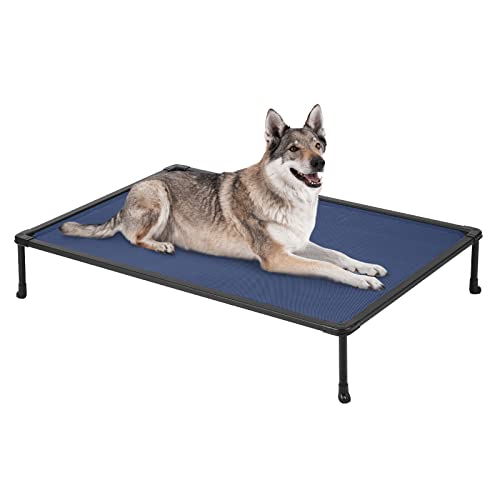 Veehoo Large Elevated Dog Bed – Chewproof Cooling Raised Dog Cots Beds, Outdoor Metal Frame Pet Training Platform with Skid-Resistant Feet, Breathable Textilene Mesh, 49 x 33 x 9 inch, Blue