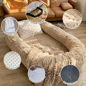 YAEM Human Dog Bed, 71"x45"x14" Dog Beds for Humans Size Fits You and Pets, Washable Faux Fur Human Dog Bed for People Doze Off, Napping Orthopedic Dog Bed, Present Plump Pillow, Blanket, Strap-Khaki