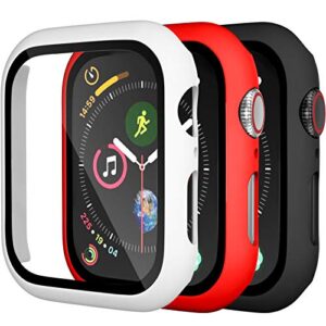 charlam compatible with apple watch case 44mm iwatch se series 6 5 4 with screen protector, slim guard thin bumper full coverage hard cover defense edge for women men, black white red, 3 pack