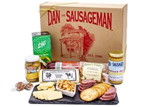 dan the sausageman’s party gift basket assortment fresh summer sausage, mustard and cheese.