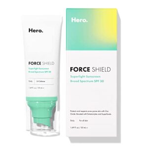 force shield superlight sunscreen spf 30 from hero cosmetics – everyday spf 30 for acne-prone skin with zinc oxide, green surge, and extremolytes, fragrance free and reef safe (50 ml)
