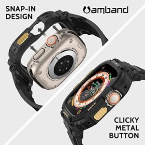 amBand Bands Case Screen Protector Compatible with Apple Watch Ultra 49mm, M1 Sport Series Rugged Cover Strap and 2 Pack Tempered Glass Film, Military Protective Bumper for iWatch 49 mm Men Black Gold