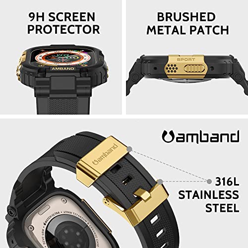 amBand Bands Case Screen Protector Compatible with Apple Watch Ultra 49mm, M1 Sport Series Rugged Cover Strap and 2 Pack Tempered Glass Film, Military Protective Bumper for iWatch 49 mm Men Black Gold