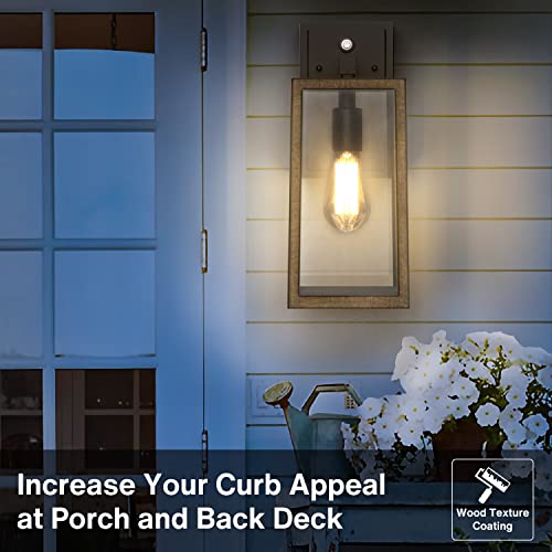 Lintem Porch Lights with GFCI Outlet, Industrial Outdoor Wall Mount Light Fixture Exterior with Rustic Wood Finish Dusk to Dawn Waterproof Wall Lantern for House Garage Doorway, Bulb Not Included