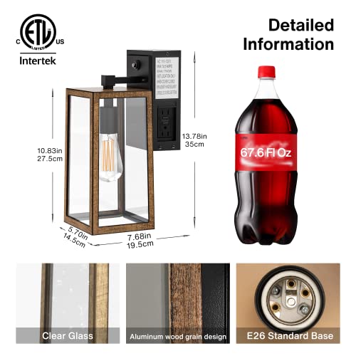 Lintem Porch Lights with GFCI Outlet, Industrial Outdoor Wall Mount Light Fixture Exterior with Rustic Wood Finish Dusk to Dawn Waterproof Wall Lantern for House Garage Doorway, Bulb Not Included