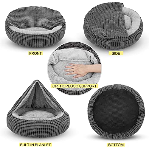 Siwa Mary Small Dog Bed with Attached Blanket, Cozy Donut Cuddler Anti-Anxiety Hooded Pet Beds Calming Cave Bed. Orthopedic Round Puppy Beds for Small Dogs or Cats Washable, Anti-Slip Bottom, 23inch