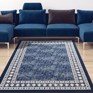 antep rugs alfombras modern bordered 5×7 non-skid (non-slip) low profile pile rubber backing indoor area rugs (navy blue, 5′ x 7′)
