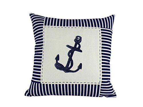 Hampton Nautical Blue Stripes Decorative Thrown Living Beach House Pillow, 16", Anchor