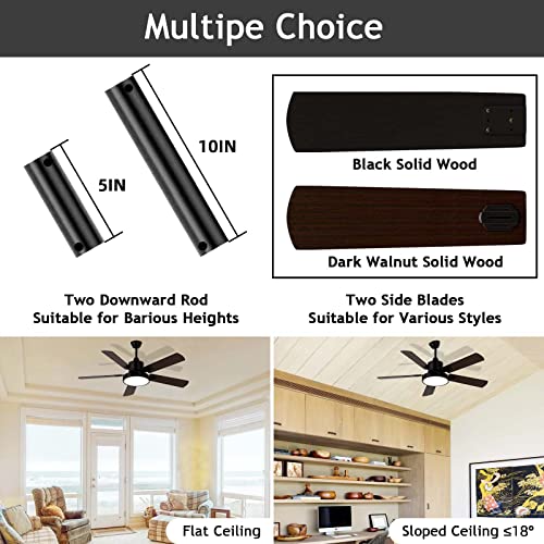 CLUGOJ Ceiling Fan with Light, Outdoor Black Ceiling Fan with Remote, 52-inch Black Ceiling Fan with 5 Reversible Walnut/Black Blades for Patio Farmhouse Bedroom, Matte Black