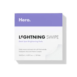 lightning swipe from hero cosmetics – brightening serum pads for fading post-blemish dark spots with botanicals, fragrance and paraben free (50 count)