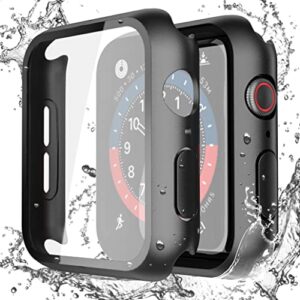 misxi 2 pack waterproof black hard case with tempered glass compatible with apple watch series 6 se series 5 series 4 40mm, ultra-thin durable protective cover for iwatch screen protector