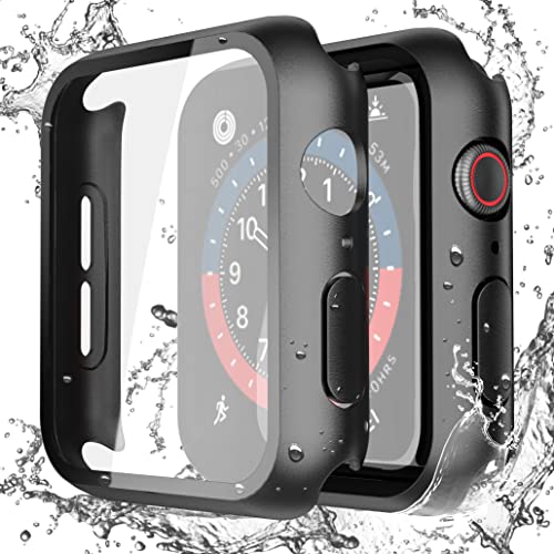 Misxi 2 Pack Waterproof Black Hard Case with Tempered Glass Compatible with Apple Watch Series 6 SE Series 5 Series 4 40mm, Ultra-Thin Durable Protective Cover for iWatch Screen Protector