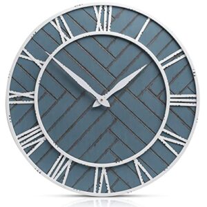 Sixty Times Hamptons - - Wall Clock 24 Inch - - Silent - - Metal & Wood - - Rustic Ocean Blue & White