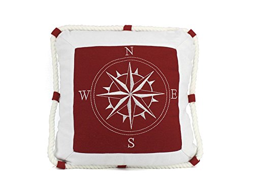 Hampton Nautical Compass with Rope Decorative Thrown Bedroom Beach House Pillow, 16", Red