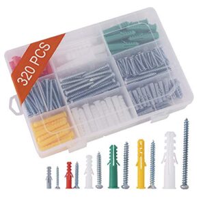 320pcs plastic drywall wall anchors screw assorment kit, self tapping screws and ribbed wall anchors, assorted sizes wall plug bolts expansion bolt for wallboard concrete pciture hanging