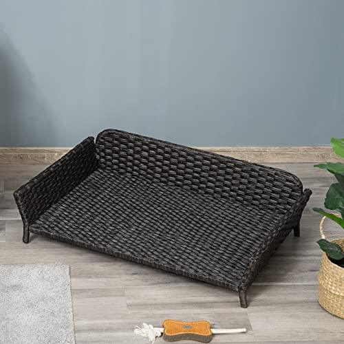 PawHut Elevated Rattan Dog Bed with Steel Frame, Handwoven Wicker Pet Bed with Water Resistant Cushion, Dog Bed Outdoor for Large Medium Dog, Charcoal Grey