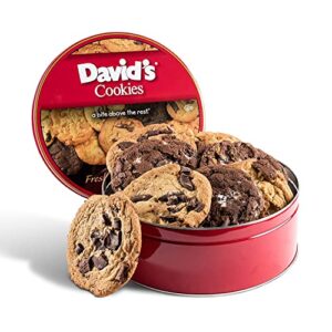 david’s cookies assorted fresh-baked decadent cookie gift basket tin — luscious large cookies no added preservatives 4 oz./ each— all-natural cookies — ideal gift for corporate birthday fathers mothers day get well and other special occasions – 2 lb (8 co