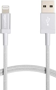 amazon basics nylon usb-a to lightning cable cord, mfi certified charger for apple iphone 14 13 12 11 x xs pro, pro max, plus, ipad, silver, 3-ft