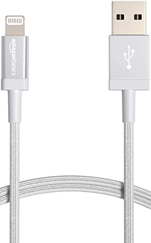 Amazon Basics Nylon USB-A to Lightning Cable Cord, MFi Certified Charger for Apple iPhone 14 13 12 11 X Xs Pro, Pro Max, Plus, iPad, Silver, 3-Ft