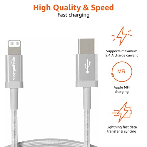 Amazon Basics Nylon USB-A to Lightning Cable Cord, MFi Certified Charger for Apple iPhone 14 13 12 11 X Xs Pro, Pro Max, Plus, iPad, Silver, 3-Ft