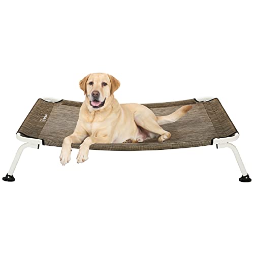 Veehoo Curved Cooling Elevated Dog Bed, White Frame Outdoor Raised Dog Cot, Chew Proof Pet Bed with Washable & Breathable Textilene Mesh, Non-Slip feet for Indoor & Outdoor, X Large, Beige Coffee