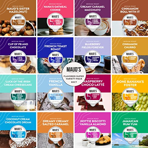 Maud's Super Flavored Coffee Variety Pack, 80ct. Solar Energy Produced Recyclable Single Serve Flavored Coffee Pods Jam-Packed with 16 Flavors - 100% Arabica Coffee California Roasted, KCup Compatible