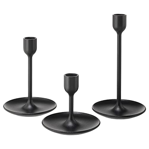 IKEA FULLTALIG Candlestick, set of 3 Powder Coating Black Aluminum Candlestick Holder for taper candles, Table Romantic for Wedding, Birthday, Dinner Home & Bar Decorative (No LED Candle Included)