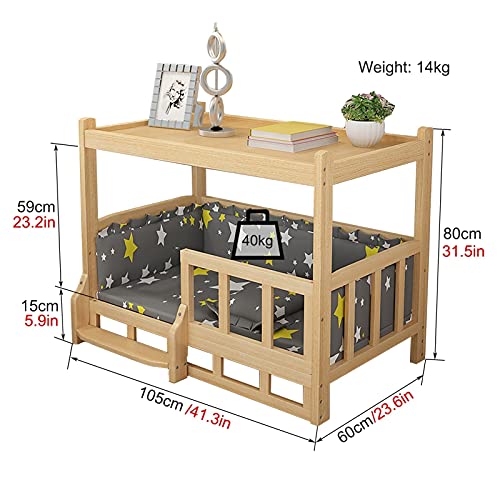 HYDT Solid Wood Frame Pet Cot for Large/Small Dogs,Elevated Dog Bed with Guardrail,Stairs&Mattress,Double-Layer Pet Bed for Cat (Size : 105x60x80cm/41.3x23.6x31.5in)