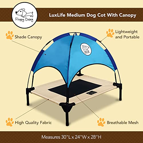 Floppy Dawg Just Chillin’ Elevated Dog Bed. LuxLife Edition - Premium Cot Includes Two Designer Canopies. Lightweight and Portable, Indoor or Outdoor. Chill in Style on Raised Breathable Mesh Fabric.