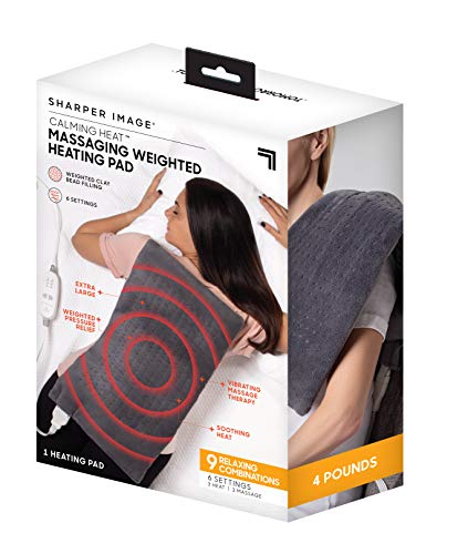 Calming Heat Massaging Weighted Heating Pad by Sharper Image- Weighted Electric Heating Pad with Massaging Vibrations, 6 Settings- 3 Heat, 3 Massage- 9 Relaxing Combinations, 12” x 24”, 4 lbs