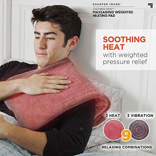 Calming Heat Massaging Weighted Heating Pad by Sharper Image- Weighted Electric Heating Pad with Massaging Vibrations, 6 Settings- 3 Heat, 3 Massage- 9 Relaxing Combinations, 12” x 24”, 4 lbs