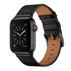 ouheng compatible with apple watch band 49mm 45mm 44mm 42mm, genuine leather band replacement strap compatible with apple watch ultra series 8/7/6/5/4/3/2/1/se2/se, black band with black adapter