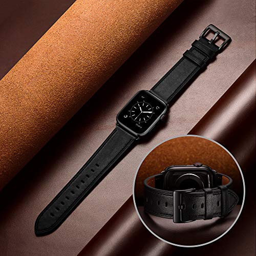 OUHENG Compatible with Apple Watch Band 49mm 45mm 44mm 42mm, Genuine Leather Band Replacement Strap Compatible with Apple Watch Ultra Series 8/7/6/5/4/3/2/1/SE2/SE, Black Band with Black Adapter