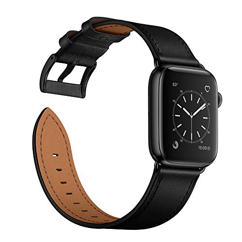 OUHENG Compatible with Apple Watch Band 49mm 45mm 44mm 42mm, Genuine Leather Band Replacement Strap Compatible with Apple Watch Ultra Series 8/7/6/5/4/3/2/1/SE2/SE, Black Band with Black Adapter