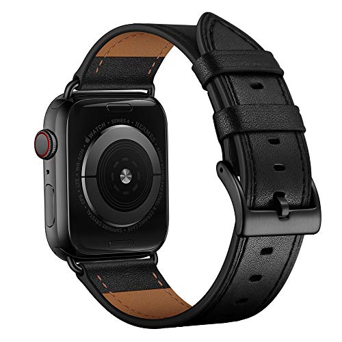 OUHENG Compatible with Apple Watch Band 49mm 45mm 44mm 42mm, Genuine Leather Band Replacement Strap Compatible with Apple Watch Ultra Series 8/7/6/5/4/3/2/1/SE2/SE, Black Band with Black Adapter