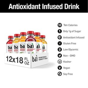 Bai Flavored Water, Rainforest Variety Pack, Antioxidant Infused Drinks, 18 Fluid Ounce Bottles, 12 Count, 3 Each of Brasilia Blueberry, Costa Rica Clementine, Malawi Mango, Sumatra Dragonfruit