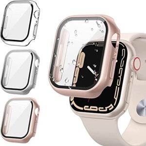 [3pack] tensea for apple watch screen protector case series 8 7 41mm, iwatch protective face cover, tempered glass film hard pc bumper for women men, ultra-thin guard (41 mm, clear/silver/rose gold)