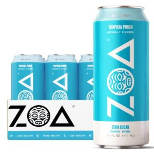 zoa zero sugar energy drinks, tropical punch – healthy b-vitamins, vitamin c, 210mg of natural caffeine – 16 ounce (pack of 12)