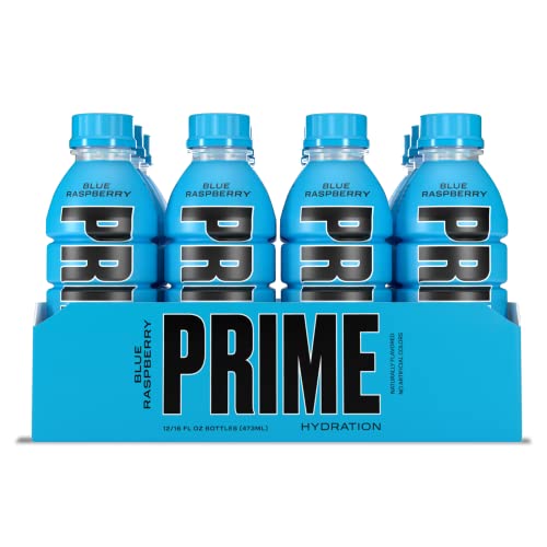 Prime Hydration Drink Sports Beverage"BLUE RASPBERRY," Naturally Flavored, 10% Coconut Water, 250mg BCAAs, B Vitamins, Antioxidants, 835mg Electrolytes, 25 Calories per 16.9 Fl Oz Bottle (Pack of 12)