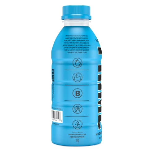 Prime Hydration Drink Sports Beverage"BLUE RASPBERRY," Naturally Flavored, 10% Coconut Water, 250mg BCAAs, B Vitamins, Antioxidants, 835mg Electrolytes, 25 Calories per 16.9 Fl Oz Bottle (Pack of 12)