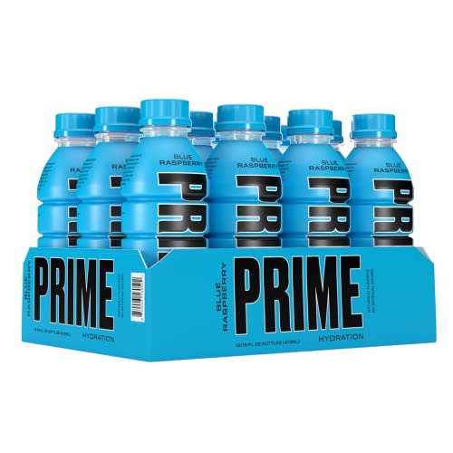 Prime Hydration Drink Sports Beverage"BLUE RASPBERRY," Naturally Flavored, 10% Coconut Water, 250mg BCAAs, B Vitamins, Antioxidants, 835mg Electrolytes, 25 Calories per 16.9 Fl Oz Bottle (Pack of 12)