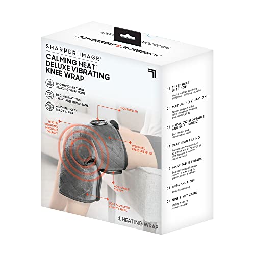 Calming Heat Knee Wrap by Sharper Image Personal Electric Knee Heating Pad Wrap with Vibrations, 2 Heat & 5 Massage Settings for 10 Relaxing Combinations, Soft to Touch Plush Fabric