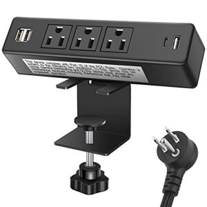 desktop clamp power strip with usb, surge protector power charging station outlet with 3 plugs 3 usb a 1 usb c pd 18w fast charging outlets, desk mount multi-outlets for home office garage workshop