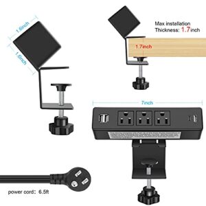 Desktop Clamp Power Strip with USB, Surge Protector Power Charging Station Outlet with 3 Plugs 3 USB A 1 USB C PD 18W Fast Charging Outlets, Desk Mount Multi-Outlets for Home Office Garage Workshop
