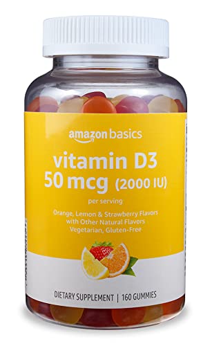 Amazon Brand - Solimo Vitamin D3 2000 IU, 160 Gummies (2 per Serving), Orange, Lemon & Strawberry