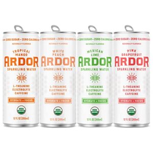 ARDOR ENERGY Sparkling Water TROPICAL variety 12 pack with 100mg Organic Caffeine from Green Tea & 200mg Organic L-Theanine (Focus & Calm). No Sugar. No Calories. Vegan. Gluten Free.